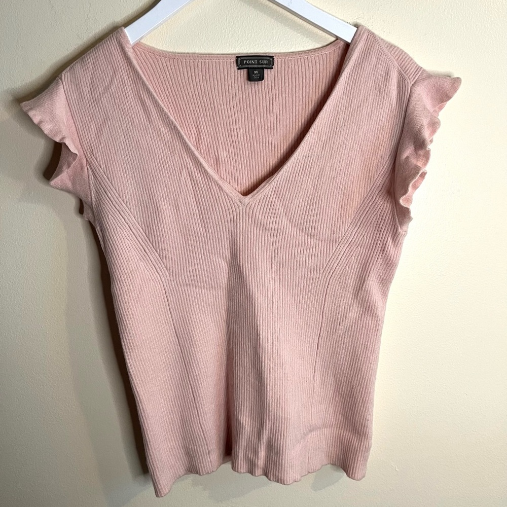 Point Sur Merino Wool Blush V-Neck Ruffle Sleeve Sleeveless Sweater